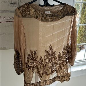 Parker Caramel Gold Sequin Sheer Blouse M Lux +++